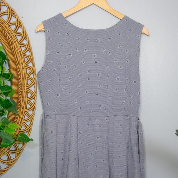Vtg 90s Gray Blue Pleated Maxi Dress Micro Check Floral Embroidery Sleeveless - Picture 5 of 13